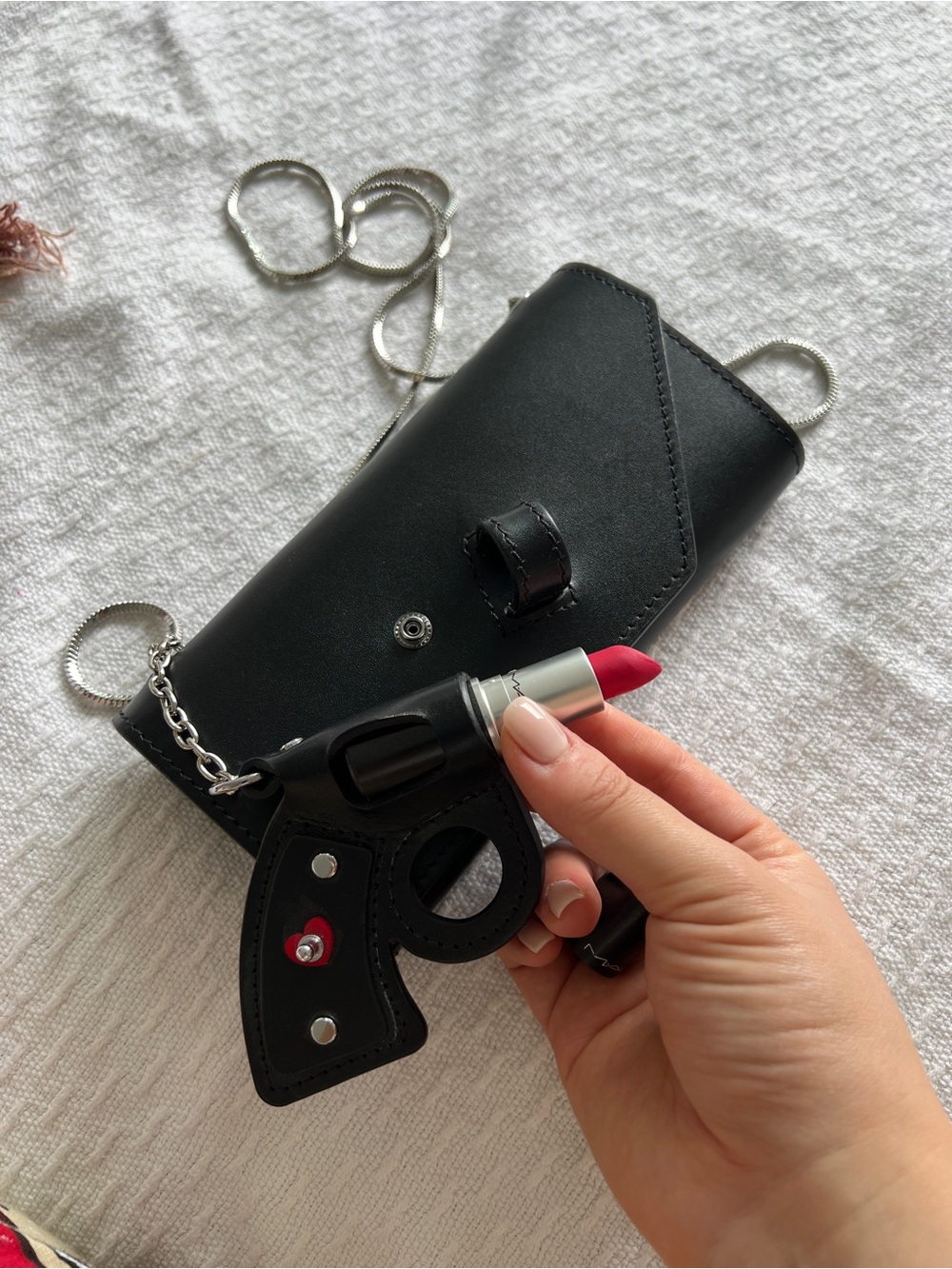 Black Leather Envelope Crossbody with Silver Chain - LIKE NEW - with lipstick
